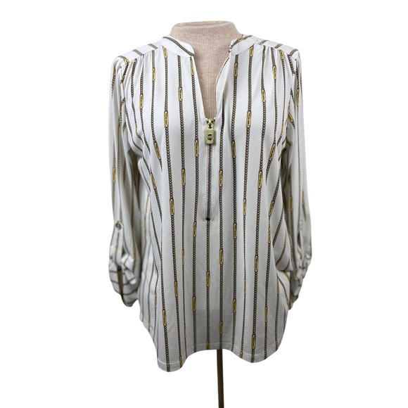 Michael Kors Tops - Michael Kors Women's White Chain Print Quarter Zip Long Sleeve Blouse Top M‎